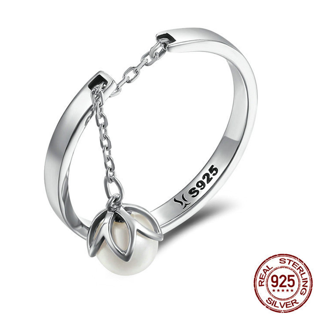 خاتم نسائي بسلسلة ولؤلؤ صناعي مصنوع من الفضة الاسترالية عيار s925