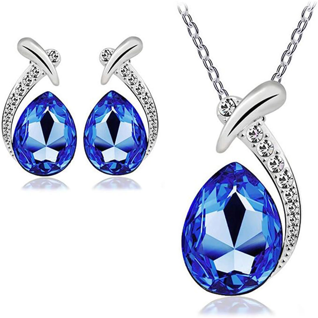 طقم نسائي فاخر طوق + حلق مرصع بالكريستال الازرق